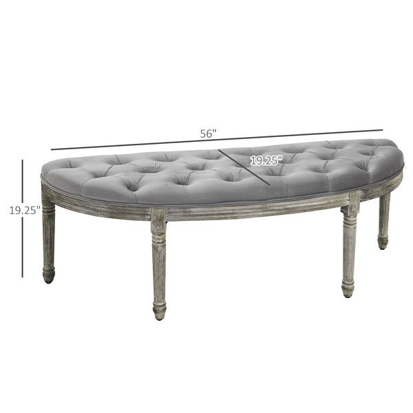 English Elm HOMCOM Vintage Semi-Circle Upholstered Entryway Bench with Tufted Velvet-Touch Seat and Rubberwood Legs Grey W2225P217020