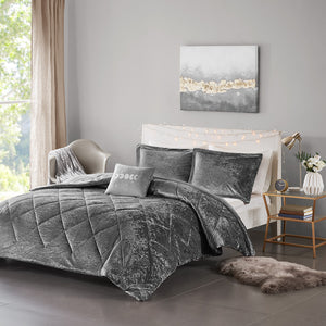 JLA Home Intelligent Design - Velvet Plush Crushed-Texture Comforter Set with Diamond Quilting, Hypoallergenic Fill & Throw Pillow Grey ID10-1791