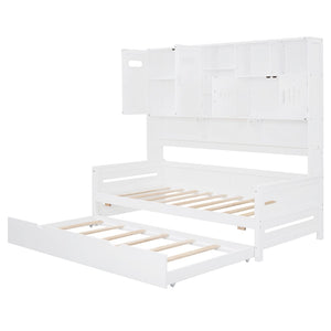 English Elm Twin Size Daybed With Trundle & Integrated Storage Shelf - Modern White Design For Kids & Teens N820S00026K-GIGA