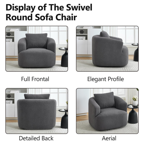 English Elm 360° Swivel Barrel Chair Teddy Fleece Upholstery with Pillow for Bedroom Reading Nook Antique Dark Grey W1803P363033