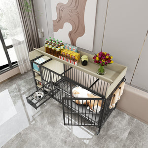 English Elm Large Iron Mdf Pet Enclosure with Storage Cabinet Rolling Casters and Steel Feeding Basins W3064P245384
