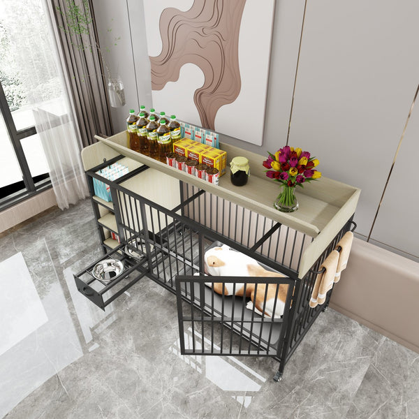 English Elm Large Iron Mdf Pet Enclosure with Storage Cabinet Rolling Casters and Steel Feeding Basins W3064P245384