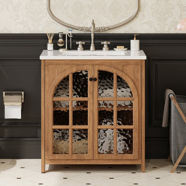 English Elm Christopher Knight Home® - 30 Inches Vintage Rustic Bathroom Vanity With Ceramic Sink, Soft-Closing Doors & Antique Bronze Pulls N817P299512N