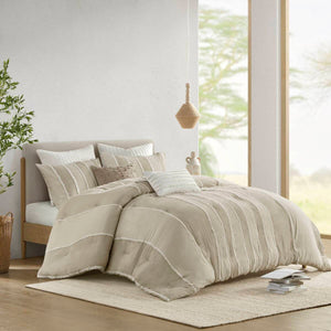 English Elm 3 Striped Cotton Comforter Set Full/Queen with Clip Jacquard Trim, Hypoallergenic OEKO-TEX Certified Bedding taupe 22.83 L x 22.05 W x 9.84 H B035P268143