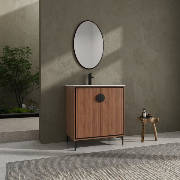English Elm 30 LEVISTAR Bathroom Vanity with Drop-In Ceramic Sink, 2-Door Engineered Wood Cabinet, Brown, 30" W1972S00002