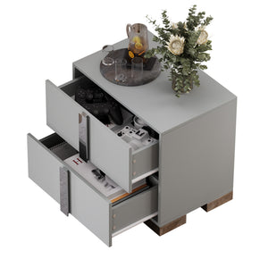English Elm Modern Two Drawer Nightstand with Slim Metal Legs and Mirrored Bar Handles for Bedroom Grey W5271P416539