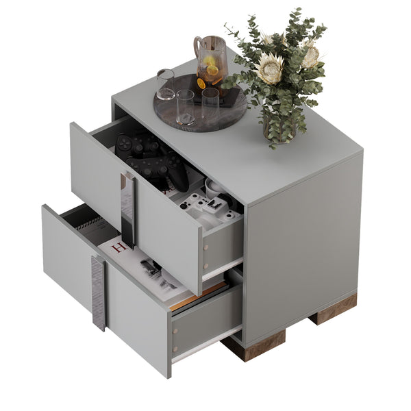 English Elm Modern Two Drawer Nightstand with Slim Metal Legs and Mirrored Bar Handles for Bedroom Grey W5271P416539