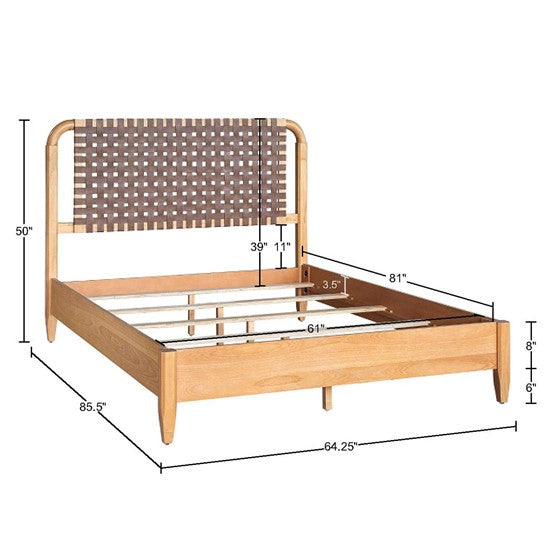 English Elm Woven Faux Leather Queen Bed with Caramel Maple Wood Frame, PU Upholstery, 6" Clearance & Sturdy Design B035S00058
