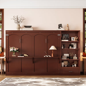 English Elm Queen Murphy Wall Bed with Folding Platform Side Cabinet Drawer and Adjustable Shelves Walnut N733S407545D