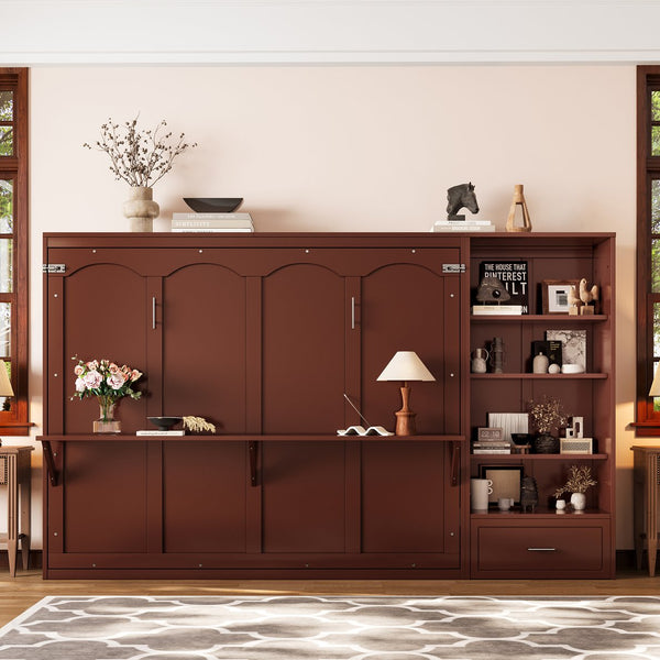 English Elm Queen Murphy Wall Bed with Folding Platform Side Cabinet Drawer and Adjustable Shelves Walnut N733S407545D