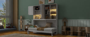 English Elm Twin Murphy Bed with Cabinet Shelves Built in Lighting Usb Ports Space Saving Wall Unit White LP000389AAK-1