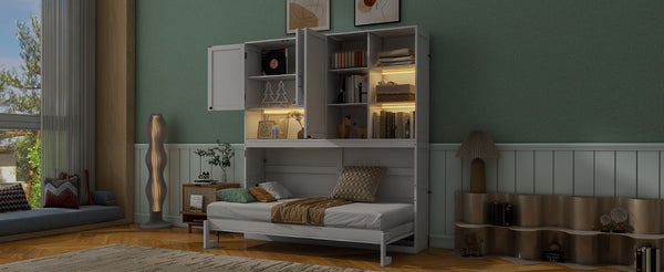 English Elm Twin Murphy Bed with Cabinet Shelves Built in Lighting Usb Ports Space Saving Wall Unit White LP000389AAK-1