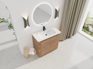 English Elm 36'' Freestanding Bathroom Vanity with White Ceramic Sink, Soft-Close Doors, Plywood, Adjustable Shelves W999P351896