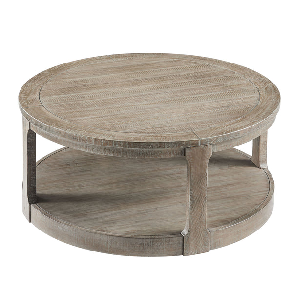 English Elm 40inch Two Tier Round Pine Wood Coffee Table with Wheels Rustic Vintage Living Room W2582P308198