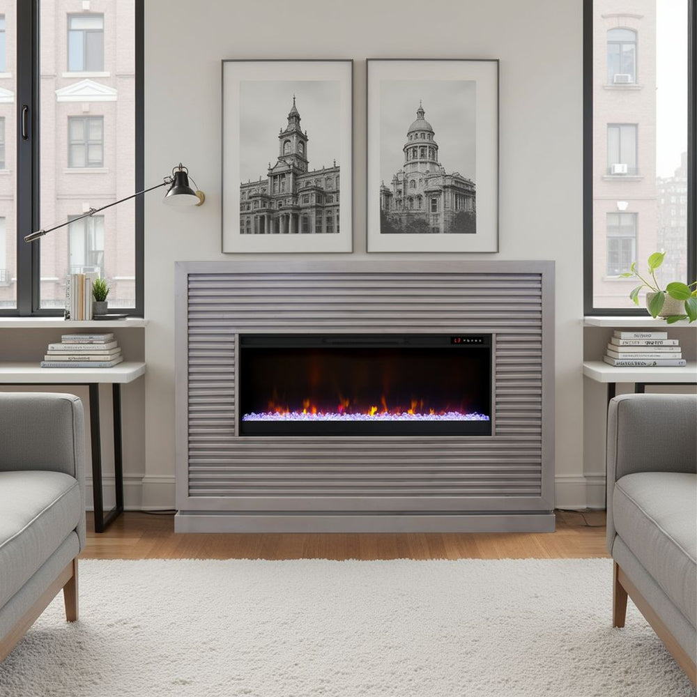 English Elm Riviera 64" Fireplace Mantel with 42" Electric Insert, Poplar & Okume Veneer, Bourbon Finish, Remote Control Grey B108P364427