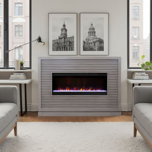 English Elm Riviera 64" Fireplace Mantel with 42" Electric Insert, Poplar & Okume Veneer, Bourbon Finish, Remote Control Grey B108P364427