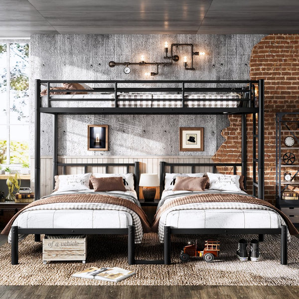 English Elm Twin Triple Bunk Bed Metal L-shaped Frame Sleeps Three Kids White Finish Black W1580S00615