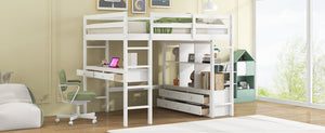 English Elm Full Loft Bed with Built-in Desk, 4 Drawers, 6 Shelves, Pine/MDF White — Space-Saving Study Loft SM000320AAK