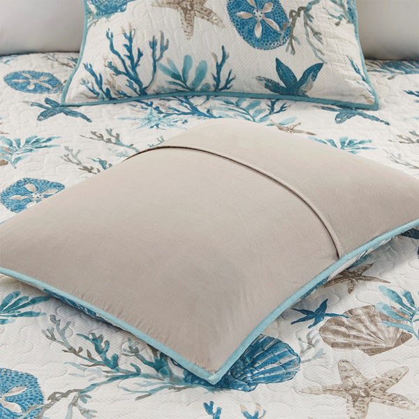 English Elm 6 Piece Cotton Sateen Quilt Set - Coastal Aqua Design With Decorative Pillows For King/Cal King Beds B03597653