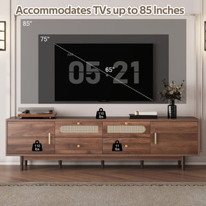 English Elm 76" Modern Chic TV Stand for Up to 85" TVs — Rattan Accents, Solid Wood Legs, Soft-Close Doors & Drawers N710P339467P