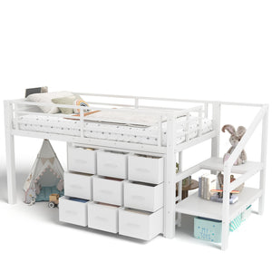 English Elm Twin Metal Low Loft Bed with Storage Stairs Fabric Drawers and Built-in Lights Light White W5305S00044