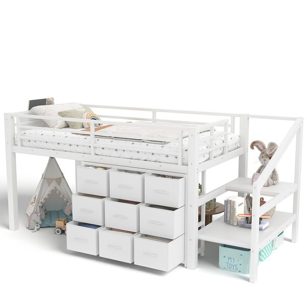English Elm Twin Metal Low Loft Bed with Storage Stairs Fabric Drawers and Built-in Lights Light White W5305S00044