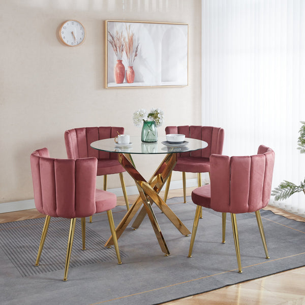 English Elm 1+4,5Pieces Mid-Century Dining Set With Glass Table Top & Velvet Chairs For Stylish Gatherings W234S00094