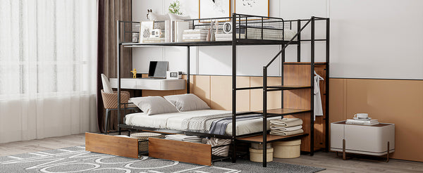 English Elm Twin Metal Bunk Bed Twin-Over-Full with Built-In Drawer, Ladder Storage, Wardrobe & Trundle Utility Black SF000174AAB