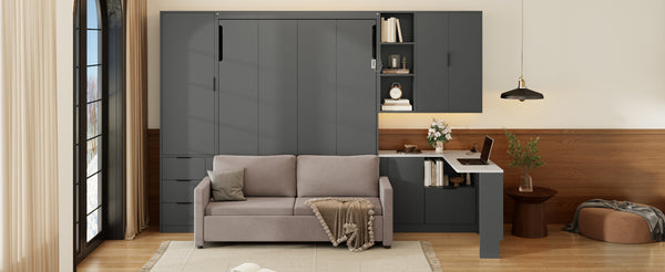 English Elm Queen Murphy Wall Bed Hydraulic Lift Velvet Sofa Built-in Shelves Led Studio Unit Dark Gray LP000392AAE