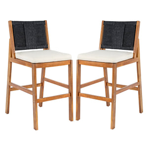 English Elm Outdoor Acacia Wood Barstools Set of 2 Wicker Back Patio Seating with Cushions Black,Cream,Teak N773P358719R