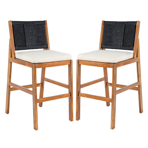 English Elm Outdoor Acacia Wood Barstools Set of 2 Wicker Back Patio Seating with Cushions Black,Cream,Teak N773P358719R