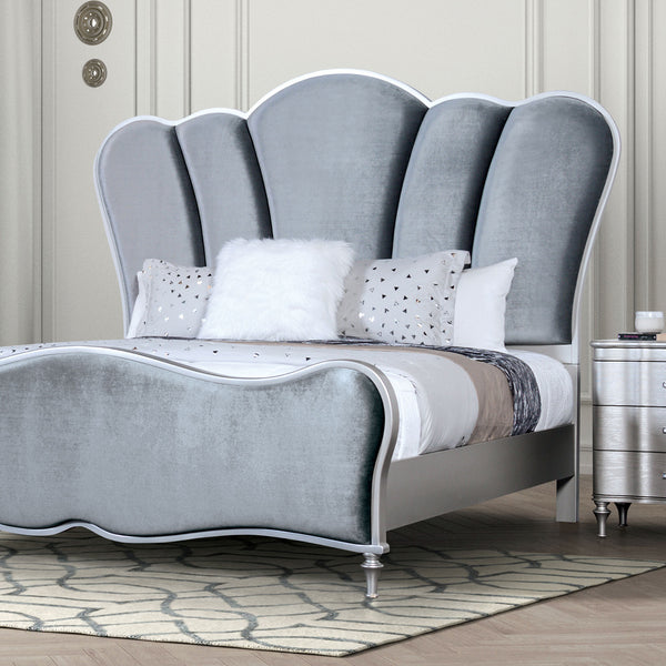 English Elm Glam Art Deco Queen Bed with Padded Scallop Channel Headboard, Light Gray Upholstery, Turned Wood Legs Silver 96 L x 53 W x 6 H B2741S00196