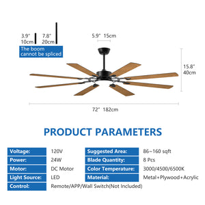 English Elm 72-Inch Modern 8-Blade Ceiling Fan with Quiet Reversible DC Motor, LED Light, Indoor/Outdoor Black W1340P346389