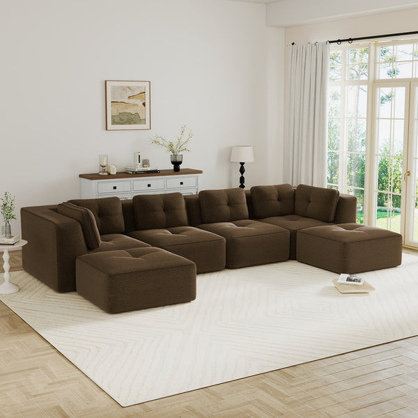 English Elm Modern Corduroy Modular Sectional with Tufted Cushions Two Ottomans Living Room Brown W714S01812