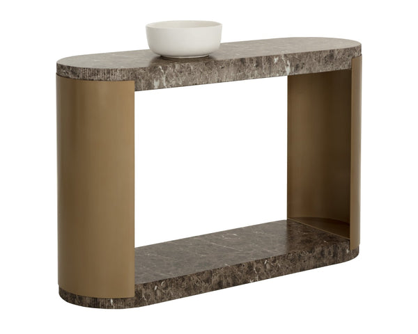 Sunpan CAVETTE Console Table - Dark Emperador Marble-Look with Brass Frame for Entryway & Living Spaces 112636