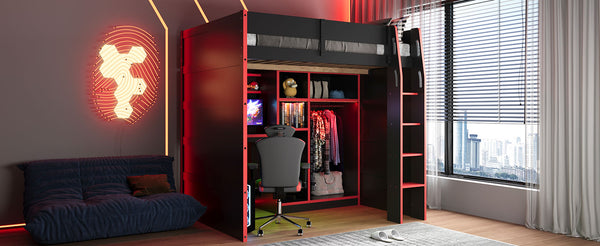 English Elm Full Size Loft Bed with Rgb Lighting Desk Open Wardrobe and Storage for Gaming Rooms Red LT000277AAR