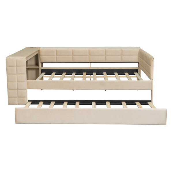 English Elm Full Size Upholstered Platform Bed With Desk, Usb Charging, Trundle & Storage Shelves In Beige Velvet N7090000604A