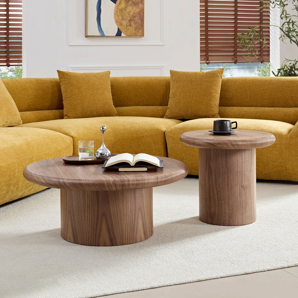English Elm 2-piece Nesting Round Coffee Table Set Wood Veneer Sculptural Living Room Accent Walnut W2582S00184