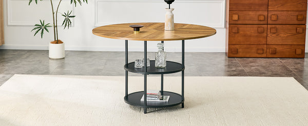 English Elm 47.3-inch Round Dining Table Two Tier Mdf Geometric Wood Black Seats Four W1151P428201