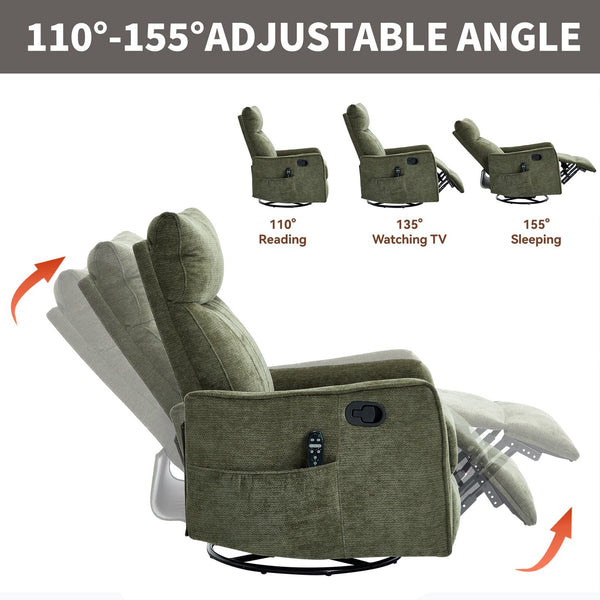 English Elm Beige Fabric Swivel Rocker Recliner with Massage Nodes and Lumbar Heat for Living Room Antique Green W1803P363423