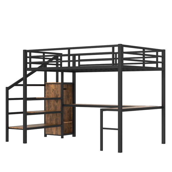 English Elm Queen Size Loft Bed With L-Shaped Desk, Usb Ports & Led Light - Modern Metal Frame For Stylish Spaces W1580S00180-GIGA