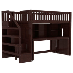 English Elm Twin Loft Bed with Movable Desk Open Shelving and Storage Stairs in Espresso W1580S00336