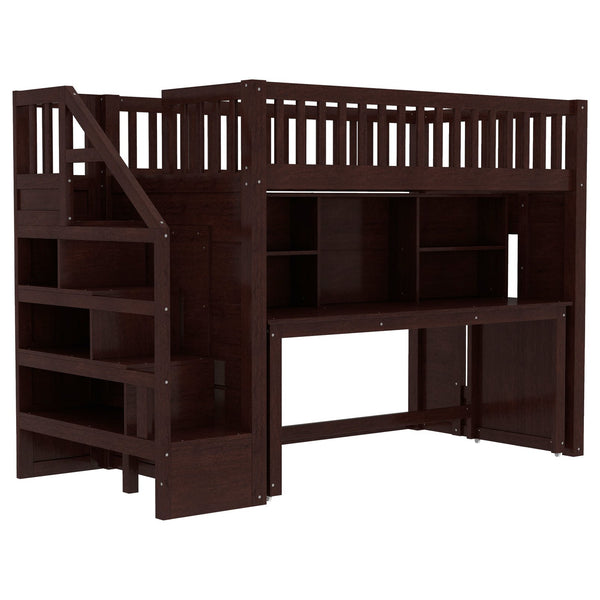 English Elm Twin Loft Bed with Movable Desk Open Shelving and Storage Stairs in Espresso W1580S00336