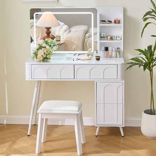 English Elm Modern Makeup Vanity Desk with Slide-Out Cabinet, LED Mirror, 4 Soft-Close Drawers & Cushioned Stool White N844P257529A