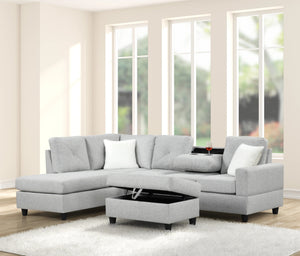English Elm Modern L-shaped Sectional with Button Tufted Back and Drop Down Center Table Gray B2771P498533