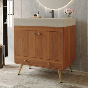 English Elm Mid-century Freestanding Bathroom Vanity with Marble Stone Top and Gold Steel Legs W3136S00065