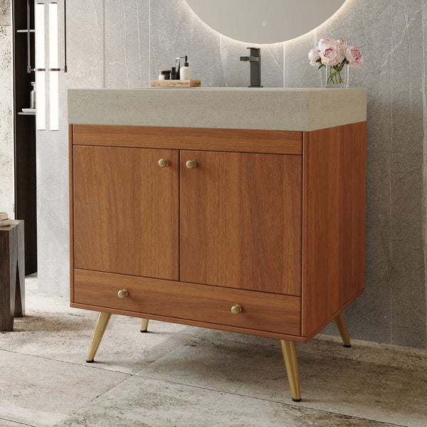 English Elm Mid-century Freestanding Bathroom Vanity with Marble Stone Top and Gold Steel Legs W3136S00065
