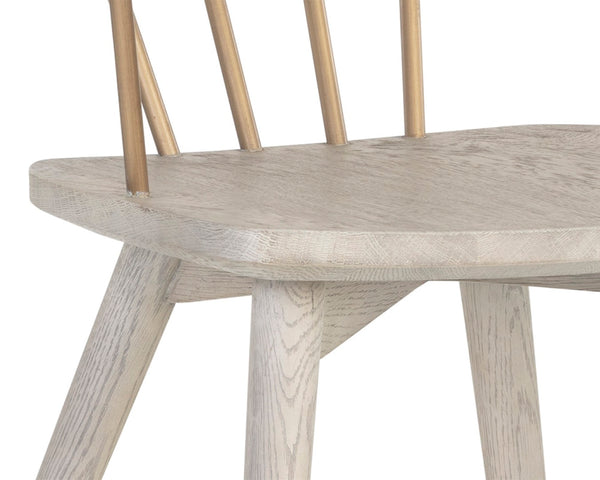 Sunpan DEMI Dining Armchair – Elegant Grey Upholstered Chair with Solid Oak Base & Antique Brass Accents 107288