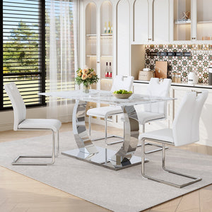 English Elm Switchable Base Glass Top Dining Set with Four U-shaped Armchairs for Modern Spaces W2920S00081