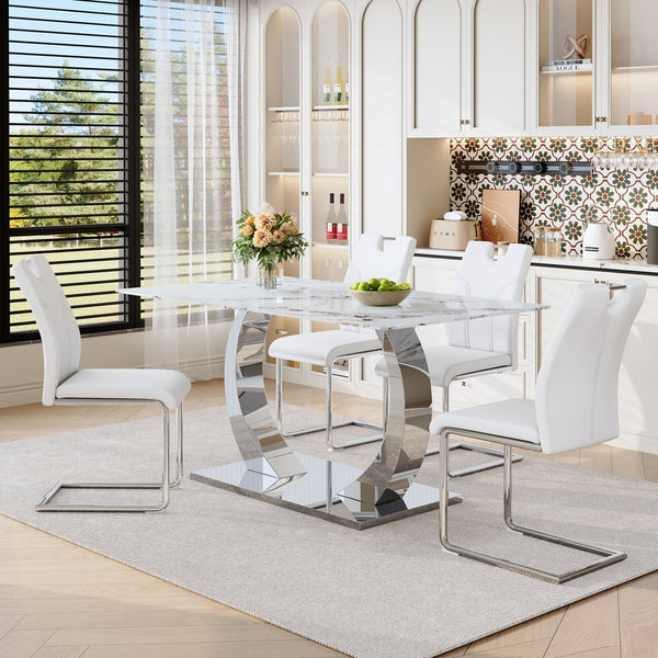 English Elm Switchable Base Glass Top Dining Set with Four U-shaped Armchairs for Modern Spaces W2920S00081